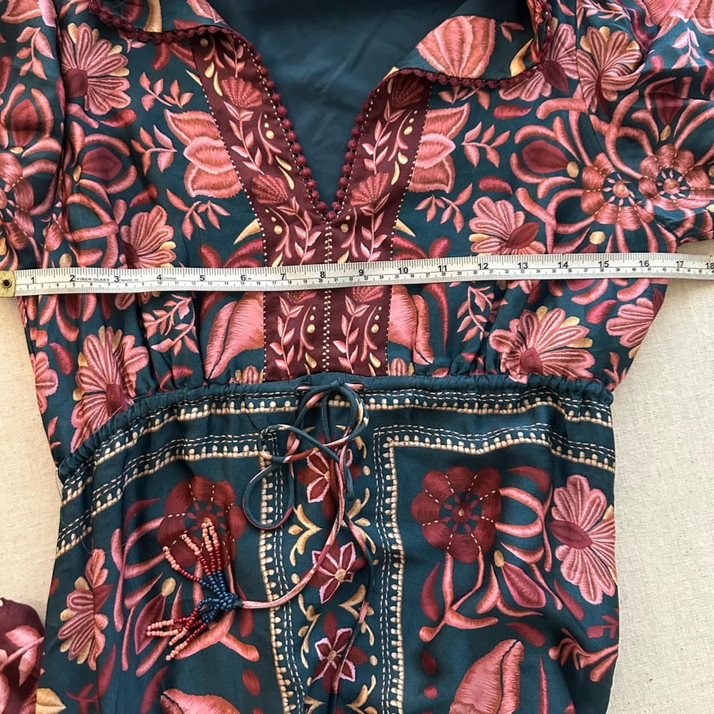 FARM Rio Teal Maxi Dress with Pink Floral Print 3/4 length Sleeve Boho Size S - Picture 9 of 12